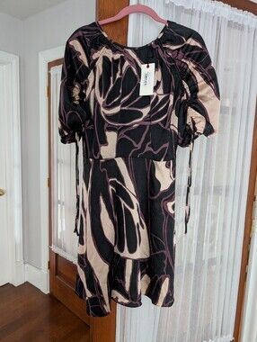 Ted Baker Size 3 Black and Beige Abstract Puff-Sleeve Mini Dress New